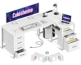 Coleshome Schreibtisch mit Stoff Schubladen, 140x80cm Umkehrbarer Schreibtisch L Form mit Aktenschublade, Eckschreibtisch mit USB-Ladeanschluss und Steckdose, Home Office Schreibtische, Weiß