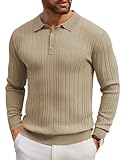 COOFANDY Herren Poloshirt Langarm Strickpullover Knopfleiste Polokragen Langärmliges Winterpullover Sweater Polohemd für Männer Khaki L