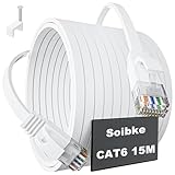 Soibke LAN Kabel 15 Meter Cat 6, Flach Netzwerkkabel Weiß Ethernet Kabel 15m, High Speed Internet Kabel Dünn Wlan Kabel Gigabit RJ45 Patchkabel 1000Mbit/s Wifi Kabel für Router Modem (15 Clips)