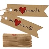 MEJOSER 50 Stück Geschenkanhänger Mit Liebe Gemacht Etiketten Anhänger Handmade with Love Handgemacht Anhänger Weihnachten Hochzeit Handmade Label mit Schnur Braun Etiketten Tags Vintage