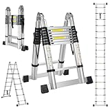STANEW 5M(2.5+2.5M) Alu Teleskopleiter Teleskop Klappleiter, Groosse Anwendbarkeit Multifunktionsleite, 2-in-1-Multifunktions Aluleiter mit Gelenkverschluss, Charge Maximale : 150 kg, Silber