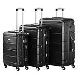 Zelsius Koffer Set 3 Stück, Schwarz | ABS Hartschalenkoffer mit Zahlenschloss, Doppelrollen und Innen Trennwand | Trolley, Koffer Groß, Luggage Set, Handgepäckkoffer, Hartschalenkoffer Set 3 teilig