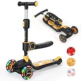 BremToy Kinderroller mit Sitz, Kinder Roller mit Stufenlos Verstellbarer Lenker, Tretroller mit LED Rädern, Faltbarer Kinder Roller für Kinder 1–8 Jahren, Gelb