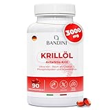 Bandini® Krillöl 3000 mg, reine Antarktis, 465 mg EPA und DHA, 1200 mg marine Phospholipide, Quelle von Astaxanthin und Omega 3 | Krillöl 100% natürlich, kein Nachgeschmack | 90 Weichkapseln