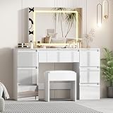 LSLIFE Schminktisch mit Spiegel und Hocker Weißer Schminktisch mit LED-Beleuchtung 7 Schubladen Hochglanz Make-up Schreibtisch Schlafzimmer Ideal für Mädchen und Frauen Schlafzimmer Möbel (Weißer)