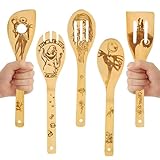 SoeUyd 5 Stück Halloween Kochlöffel, Halloween Kochen Deko, Halloween Bambus-Holzlöffel, Halloween Deko, Hergestellt aus Bambus, Geeignet als Einweihungs, Hochzeits, Halloween, Weihnachtsgeschenke