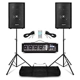 Power Dynamics & Vonyx PA Anlage für Bands Anfänger Set – 8 Zoll Lautsprecher mit Stativen – 4 Kanal Mixer mit Verstärker & Bluetooth – 800 Watt Komplette Band Anlage mit USB, SD & Tasche