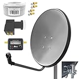 60cm HD Sat Anlage Quad LNB + 20m Koaxialkabel 135dB + Satfinder + 4 F-Stecker Digital 4 Teilnehmer Antenne Grau UHD 4K