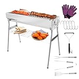 PAXLINSEN Tragbarer Holzkohlegrill, L 86,4 cm x H 71,1 cm, Edelstahl, Klappgrill mit Grillwerkzeug-Kits für Outdoor-Kochen, Camping, Wandern, Picknicks, Garten, Strandparty