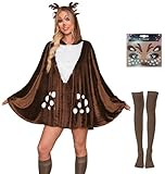 For G and PL Damen Rentier Poncho Kostüm Set Süßer Hirsch Poncho mit Kapuze Gesichtstattoo und Langen Strümpfen für Karneval Einheitsgröße