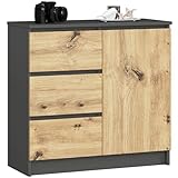 AKORD Kommode K-80 Jerry mit 3 Schubladen | Schrank mit 2 Einlegeböden und 1 Tür | Für das Wohnzimmer Schlafzimmer | Moderne | 16mm Laminierte Platte | 80x77x35 cm | Graphitgrau + Eiche Artisan Front