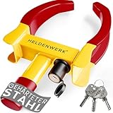 HELDENWERK Parkkralle Radkralle mit Hochsicherheitsschloss & 3 Schlüsseln - für Anhänger, Wohnmobil, Wohnwagen, Auto - PKW Reifenkralle, Autokralle, Rad-Kralle für 18-30cm Reifenbreite (Gelb/Rot)
