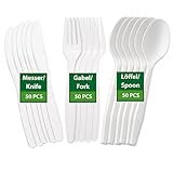 BIODORF Umweltfreundliche Mehrweg Besteck | 150 Stück (je 50 Kompostierbare Gabel, Messer, Löffel) | Stabiler als einweg Besteck | Für Partys, Feiern & Feste