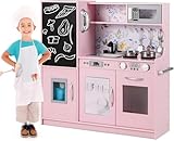 FANTASK Kinderküche aus Holz, Prinzessinnenspielküche mit Zubehör & Tafel, Spielzeugküche mit Mikrowelle & Eismaschine, rosa Küche für Mädchen ab 3 Jahren