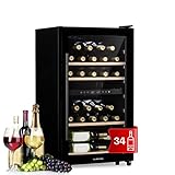 Klarstein Weinkühlschrank, Getränkekühlschrank Schmal, 2 Zonen Kühlschrank mit Glastür, Getränkekühlschränke Freistehend, Weinkühlschrank Klein, Weinkühlschränke mit UV-Schutz, 5-18°C, 34 Flaschen