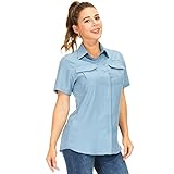 yeyity Hemdbluse Damen Kurzarm UV Schutz Wander Shirt Damen Atmungsaktiv Safari Hemd Schnelltrocknende Outdoorhemd,Sommer Tops (5076,Blue,L)
