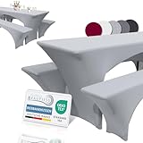 Beautissu Edles Stretchhussen Set 3tlg. Victoria - Elastische Hussen für Bierzeltgarnitur 220x50 cm – Festliche Husse Biertisch + 2 Bierbank in Grau