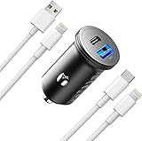 Autoladegerät 38W USB C+USB A mit 2 Ladekabel für iPhone, Everdigi Zigarettenanzünder USB C Stecker PD20W&QC18W,2 Port Metall KFZ Ladegerät für iPhone 13/12/12 Pro/11/11 Pro/8/8/X/XS/XR