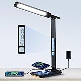 YAMYONE LED Schreibtischlampe mit Drahtlosem Ladegerät und USB-Ladeanschluss, 5 Farben 5 Helligkeit Dimmable Eye-Caring Tisch Schreibtisch mit Nachtlicht, LCD Bildschirm Uhr Temperatur Tischlampe