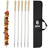 SHIKORI Kabob Spieße, Grillspieße, Edelstahlstäbchen, 58,4 cm, robust, groß, breit, wiederverwendbar, mit rutschfestem Holz, 6 Stück