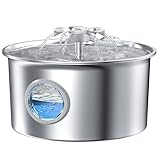 Katzenbrunnen Edelstahl Trinkbrunnen für Katze: Katzentrinkbrunnen - 2.6L Katzenbrunnen für Katzen - Wasserspender Katzen - Wasserbrunnen für Hunde mit Wasserstandsfenster - Blumen Wasserfall Design
