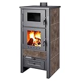 ProTermo Taurus Mokka Kaminofen mit Backfach – 12kW Heizleistung - Holzofen mit Schamottstein 52 x 50 x 107cm 2 Sichtfenster Werkstattofen - Bauart 1