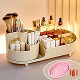 Make up Organizer 360° Drehbar, Großer Bad Kosmetik Organizer mit Aufbewahrungsbox für Schminktisch – Inkl. Makeup Pinsel Reiniger (Beige)