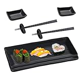 aghoer 8-tlg. Sushi Platte Schiefer mit Dipschalen für 2 Personen, 21 × 10cm Sushi Geschirr Schieferplatten mit Stäbchen, Ablagebänkchen Dipschalen Schiefertellern
