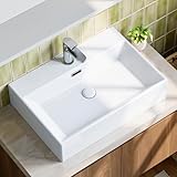 Waschbecken Waschtisch aus Keramik - 60 x 42 x 14cm - Aufsatzwaschbecken Eckig - Hänge Bad - mit Hahnloch und Überlauf - klein gäste wc Handwaschbecken Aufsatzwaschtisch Weiß