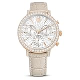 Swarovski Matrix Tennis Chrono Uhr, Schweizer Produktion, Lederarmband, Beige, Roségoldfarbenes Finish