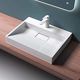 Mai & Mai Waschbecken Weiß Aufsatzwaschbecken Hängewaschtisch inkl. Ablaufgarnitur Mineralguss Rechteckig Waschplatz 1 Armaturenloch Breite: 60cm