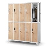 Jan Nowak Umkleideschrank 5B2A Spind Spint Schließfachschrank Metallschrank mit 10 Fächern Etikettenhalter Lüftungsschlitze Metall Pulverbeschichtet 172 cm x 136 cm x 45 cm (Weiß-Holzoptik)