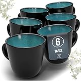 Steingut Kaffeetassen 6 Pers. Ibiza Hochwertiges Mediterranes TEST SEHR GUT Tassen Set, Spülmaschinen-, Mikrowellen- und Kratzfest - Stylisches Tee- und Kaffeebecher Set - Pure Living in Petrol