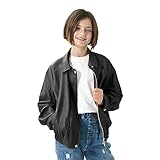 Rolanko Mädchen Kunstlederjacke, Motorrad Reißverschluss bis Flug Warme Outwear Mantel für Kinder, (Schwarz, Größe: 150/10-11 Jahre)