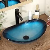 YU YUSING Aufsatzwaschbecken Waschbecken Glas Waschtisch, Oval Hand Waschschale mit Wasserhahn Set, Waschplätze für Badezimmer Küche Gäste WC, Modern Blau, 53 x 35 x 16 cm