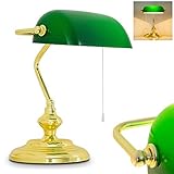 Klassische Bankerlampe, Retro Tischlampe aus Metall in poliertem Messing, Leuchtenschirm aus Glas in Grün, E27, Tischleuchte für Büro u. Schreibtisch, Zugschnur zum An-/Ausschalten, ohne Leuchtmittel