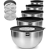 Terlulu Rührschüssel 5er Set, Edelstahl Schüssel Salatschüssel Set mit Deckel, 4.7l/2.8l/1.9l/1.4l/0.6l, Schüsselset zum Kochen/Backen/Aufbewahrung, Stapelbar & Spülmaschinenfest, inkl. Reibe