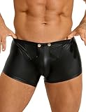 Sexy Boxershorts Herren mit Öffnung PU Leder Unterwäsche mit Beutel Große Größen Wetlook Unterhosen mit Knöpfe Sissy Dessous Männer Reizwäsche Erotische Shorts Slips Hipster Gay Clubwear (Schwarz,M)