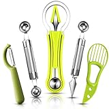 5 Stück Obst Löffel Cutter Set, 4 in 1 Edelstahl Melonenlöffel Schnitzmessern und Zweiseitiger Melonenausstecher, Avocado Corer, Apple Slicer, Küche Gemüse Werkzeuge zum Schneiden und Schnitzen