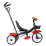 HUOLE Kinderdreirad mit Schubstange, Sitz mit Sicherheitsgurt, Metallrahmen, Pedal-Freilauf, für Kinder ab 15 Monaten Dreirad Kinderdreirad mit Schubstange und 2 Bremsen (Schwarz Rot)