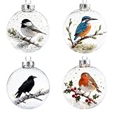 Kristall Weihnachtskugeln mit Vogelmotiv, 4 Stück 10 cm Christbaumschmuck mit Rabe, Rotkehlchen, Eisvogel & Meise, Transparente Glaskugeln mit Naturszene für Weihnachtsbaum