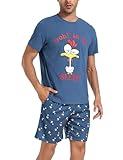 Jezonga Schlafanzug Herren Kurz Pyjama Lustig Baumwolle Shorty Nachtwäsche Zweiteilige Pyjamas mit Hahn T-Shirt und Schlafanzughose für Männer,Hellblau,XXL