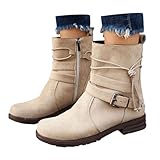 Damen und Winter Leder Gesicht einfarbig seitlicher Reißverschluss Stiefeletten warme lässige Temperament Schnalle Stiefel (Beige, 42)