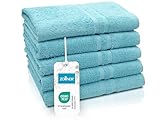 ZOLLNER 5er Set Duschtücher in 70x140 cm - Flauschige Badehandtücher aus Baumwolle - mit moderner Streifenbordüre - bis 60°C waschbar - mit praktischem Aufhänger - in blau - Hotelqualität