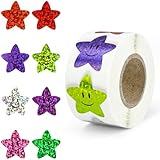 luckaide 500 Stück Smiley Aufkleber, Smiley Sticker Folienaufkleber mit Sterne, 25mm Smiley Aufkleberrolle Glitzer Smiley Anreizaufkleber Selbstklebend Etiketten für Schüler Lehrer