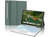 Tastatur für Samsung Galaxy Tab S10+/S9FE+/S9+ con Touchpad, Hülle Tastatur Kompatibel mit Samsung Tab S9/S9FE/S10 Plus 12.4 Zoll 2023/2024, 7-Farbige Beleuchtung Magnetisch QWERTZ Layout, Dunkelgrün