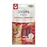 Bubimex - Creamy Snacks Huhn und Cranberry – Leckcreme für Katzen – Glatte, cremige und appetitliche Textur – Stimuliert den Appe und fördert die Flüssigkeitszufuhr – 4 x 15 g