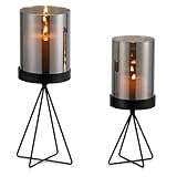 Sziqiqi Windlicht Kerzenständer Schwarz Deko: Metall Kerzenhalter Stumpenkerzen mit Grau Glaszylinder Tischdeko - Modern Kerzenständer Geometrisch für Wohnzimmer Fensterbank Outdoor Draussen