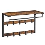 VASAGLE Wandgarderobe, mit Ablage, Wandregal mit 10 abnehmbaren Haken, Hängeregal, Wandmontage, 2 Garderobenleisten, Kleiderstange, für Flur, Schlafzimmer, Badezimmer, vintagebraun-schwarz LCR101B01