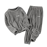 Loungewear-Sets mit weitem Bein für Damen – Damen-Pyjama-Set, Fleece, warm, flauschig, Korallensamt, Pullover, Rundhalsausschnitt, Übergröße, zweiteilig, bequem, Nachtwäsche, superweich, Winter